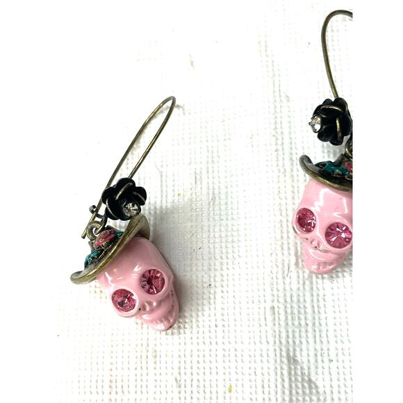 Funky Boho Skull Pink Gem Hat Earrings - Picture 2 of 4